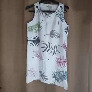 Misslook Dress Womens Medium White Leafprint Sleeveless With Pockets